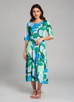 Robe mi-longue imprimé fantaisie manches courtes vert DANEFAE femme