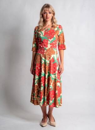 Robe mi-longue imprimé fantaisie manches courtes rouge DANEFAE femme