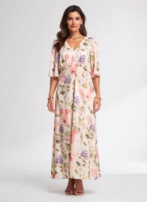 Robe longue imprimé fleurs manches courtes beige CREAM femme