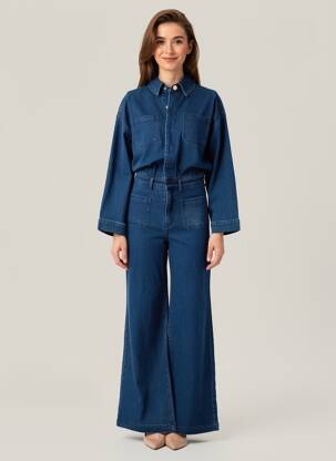 Combi-pantalon col chemisier manches longues bleu LA PETITE ETOILE femme