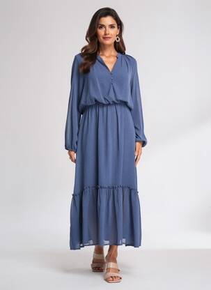 Robe longue manches longues manches longues bleu YUKA femme