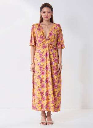 Robe longue imprimé fantaisie manches courtes jaune LA PETITE ETOILE femme