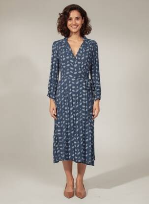 Robe mi-longue imprimé fantaisie manches longues bleu YUKA femme