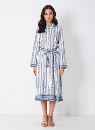 Robe mi-longue imprimé fantaisie manches longues bleu LA PETITE ETOILE femme