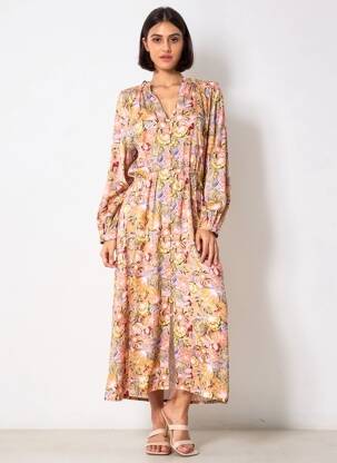 Robe mi-longue imprimé fleurs manches longues rose LA PETITE ETOILE femme