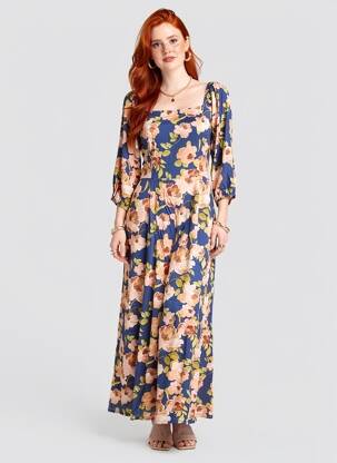 Robe longue imprimé fantaisie manches 3/4 bleu LA PETITE ETOILE femme