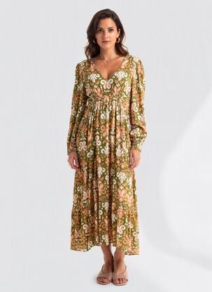 Robe mi-longue imprimé fantaisie manches longues vert EMILIE.K femme