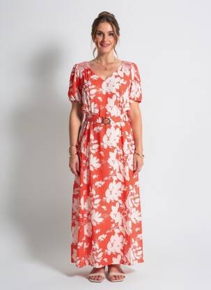 Robe longue imprimé fantaisie manches courtes rouge EMILIE.K femme