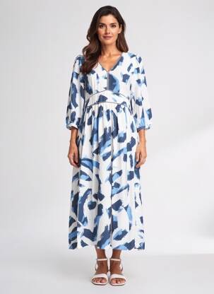 Robe longue imprimé fantaisie manches 3/4 bleu EMILIE.K femme