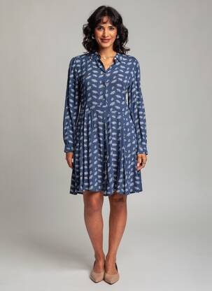 Robe mi-longue imprimé fantaisie manches longues bleu YUKA femme
