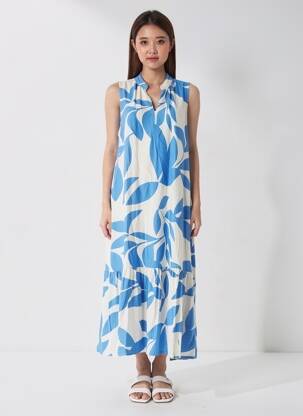 Robe longue tissage popeline sans manche bleu FLY OUT femme