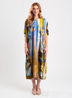 Robe longue tissage popeline manches courtes bleu FLY OUT femme