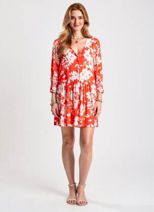 Robe courte imprimé fleurs manches 3/4 rouge EMILIE.K femme