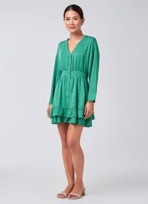 Robe courte coupe évasée manches longues vert EMILIE.K femme