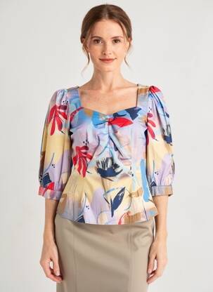 Top imprimé fantaisie manches 3/4 bleu NUMPH femme