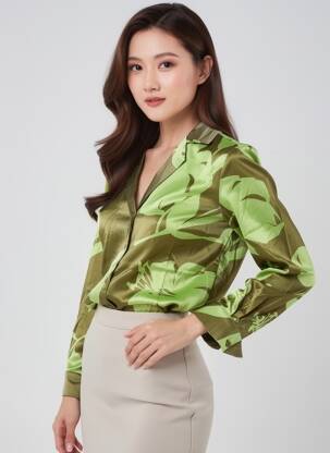 Chemisier imprimé fleurs manches longues vert ARTLOVE femme