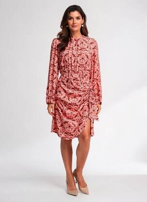 Robe mi-longue imprimé fleurs manches longues rouge C'EST BEAU LA VIE femme