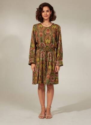 Robe mi-longue imprimé fleurs manches longues vert C'EST BEAU LA VIE femme