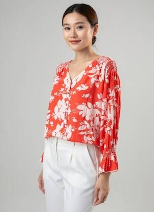 Chemisier imprimé fleurs manches longues rouge EMILIE.K femme