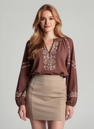 Blouse manches longues manches longues marron EMILIE.K femme