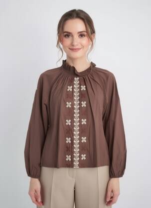Blouse tissage popeline manches longues marron EMILIE.K femme