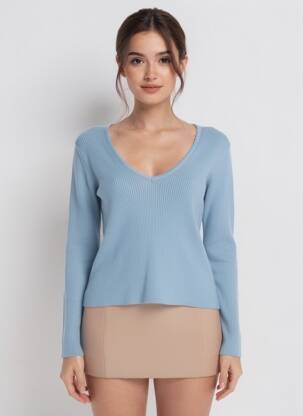 Pull col v manches longues bleu ANDY & LUCY femme