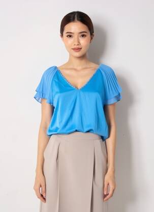 Blouse tissage crêpe manches courtes bleu ANDY & LUCY femme