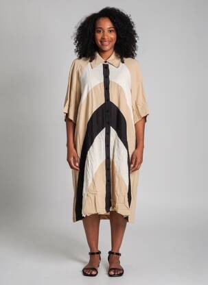 Robe mi-longue coupe fluide manches courtes beige MAT. femme
