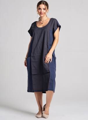 Robe mi-longue tissage crêpe manches courtes bleu POU NOU femme