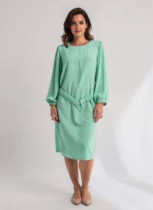 Robe mi-longue tissage crêpe manches longues vert ESQUALO femme