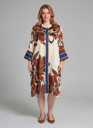 Robe mi-longue imprimé fleurs manches 3/4 marron MAT. femme