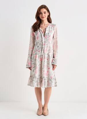 Robe mi-longue imprimé fleurs manches longues blanc BELLAWAY femme