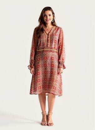 Robe mi-longue coupe fluide manches longues rouge BELLAWAY femme
