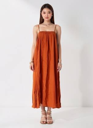 Robe longue tissage popeline fines bretelles orange CHARLIE JOE femme