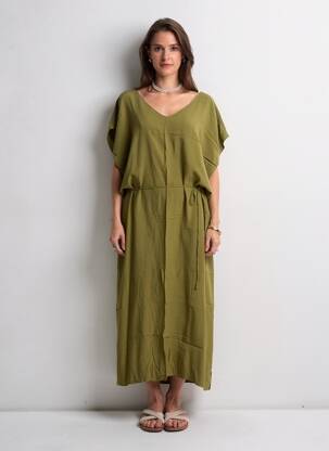 Robe longue tissage popeline manches courtes vert CHARLIE JOE femme