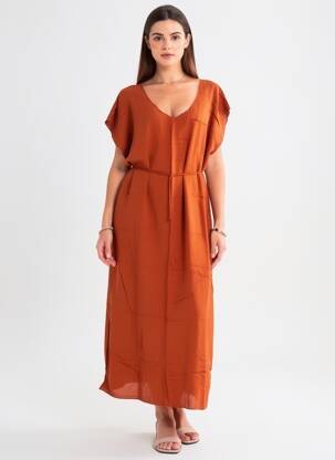 Robe longue tissage popeline manches courtes orange CHARLIE JOE femme