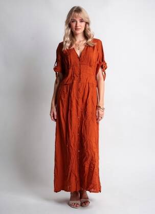 Robe longue tissage popeline manches courtes orange CHARLIE JOE femme
