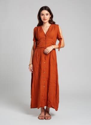 Robe longue tissage popeline manches courtes orange CHARLIE JOE femme