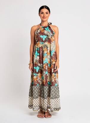 Robe longue coupe évasée fines bretelles marron ANGELA DAVIS femme