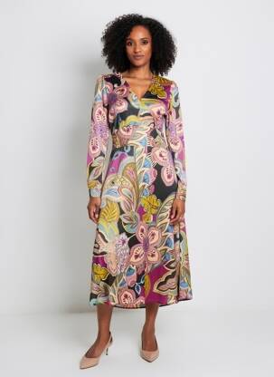 Robe mi-longue imprimé fleurs manches longues vert KING KONG femme