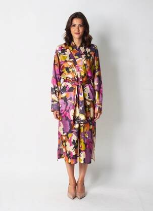 Robe mi-longue imprimé fleurs manches longues violet SOUVENIR femme