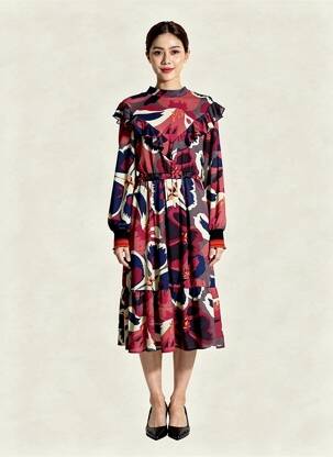 Robe mi-longue imprimé fantaisie manches longues rose MARYLEY femme