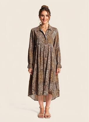 Robe mi-longue tissage crêpe manches longues beige MARYLEY femme