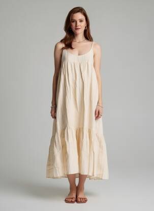 Robe longue coupe évasée fines bretelles beige CHARLIE JOE femme