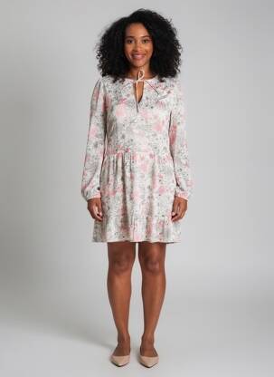 Robe courte imprimé fleurs manches longues beige BELLAWAY femme
