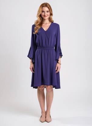Robe mi-longue tissage crêpe manches longues violet ANGELA DAVIS femme