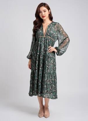 Robe mi-longue coupe fluide manches longues vert CHARLIE JOE femme