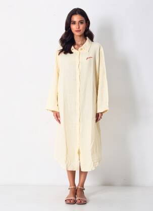 Robe mi-longue coupe fluide manches longues beige GRAINE femme