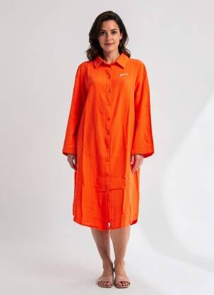Robe mi-longue coupe fluide manches longues orange GRAINE femme