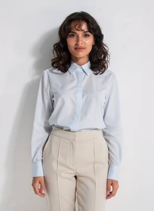 Chemisier tissage popeline manches longues bleu YAYA femme
